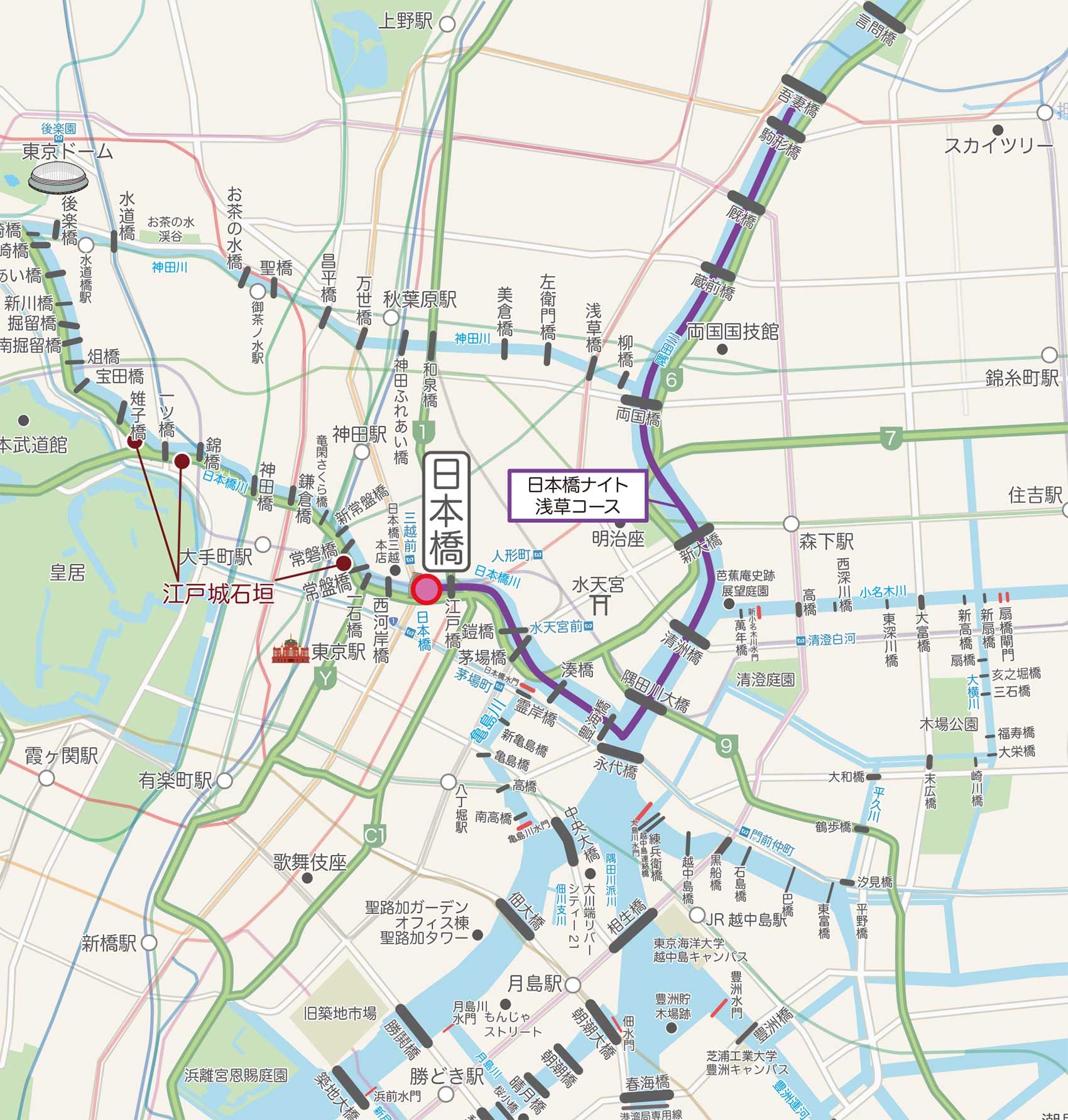 日本橋ナイトクルーズ70分 浅草コース